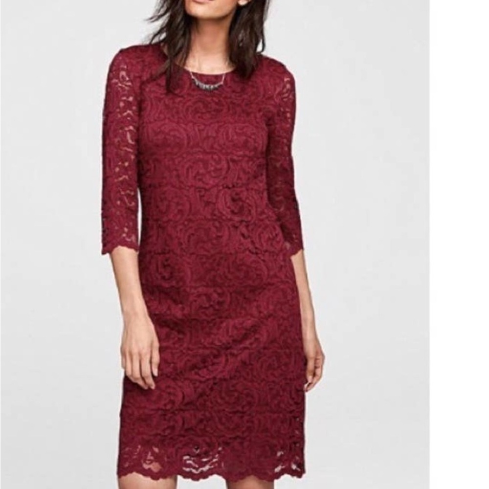 PLUS Garnet Hill Deep Red Lace Semi Sheer 3/4 Sleeve Dress Size 14